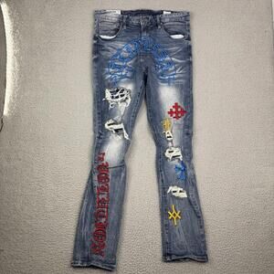Smoke Rise Distressed Embroidered Denim Skinny Jeans Men's 34x34 Medium Wash